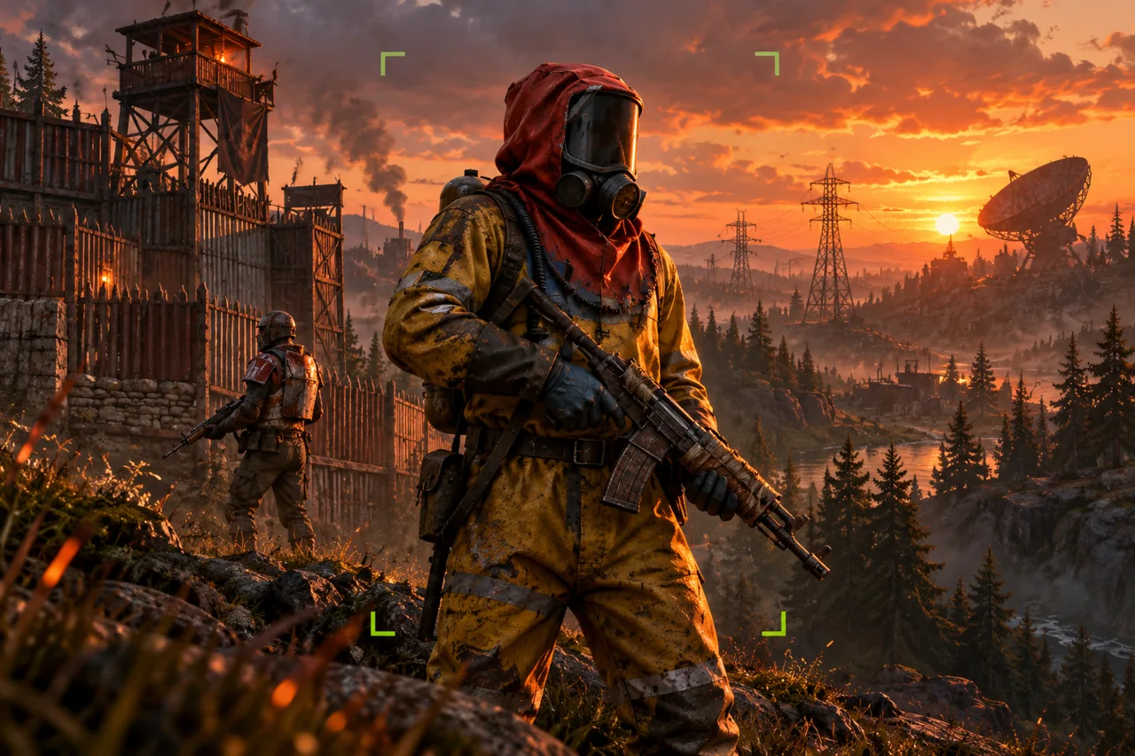 Illustrated survivor in an atmospheric industrial landscape